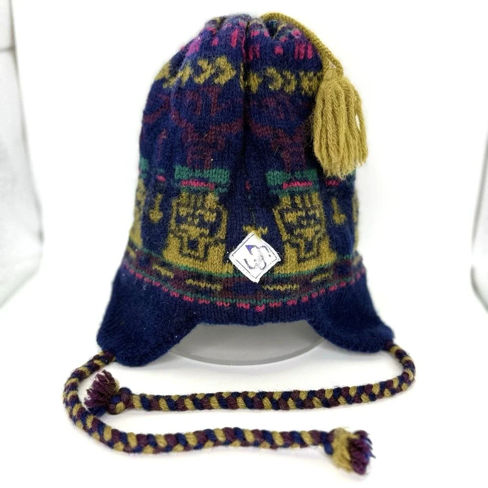 VTG Andean Wool Earflap Tassel Beanie Fleece Lined Alpaca Style Knit Hat Multico